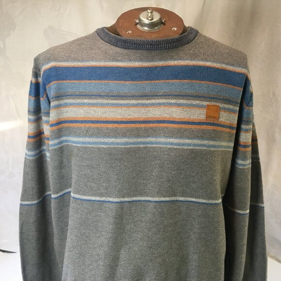 Bench Men's Blue Gray Yellow Stripe Crew Neck Sweater Size L Large Tight Knit - Picture 9 of 16